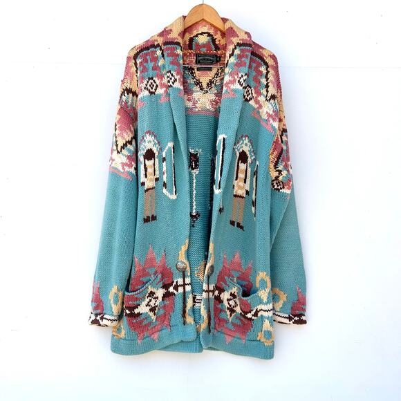 Vintage Ralph Lauren Polo Country Hand-Knit Southwestern Cardigan XL Teal Navajo - Picture 1 of 9
